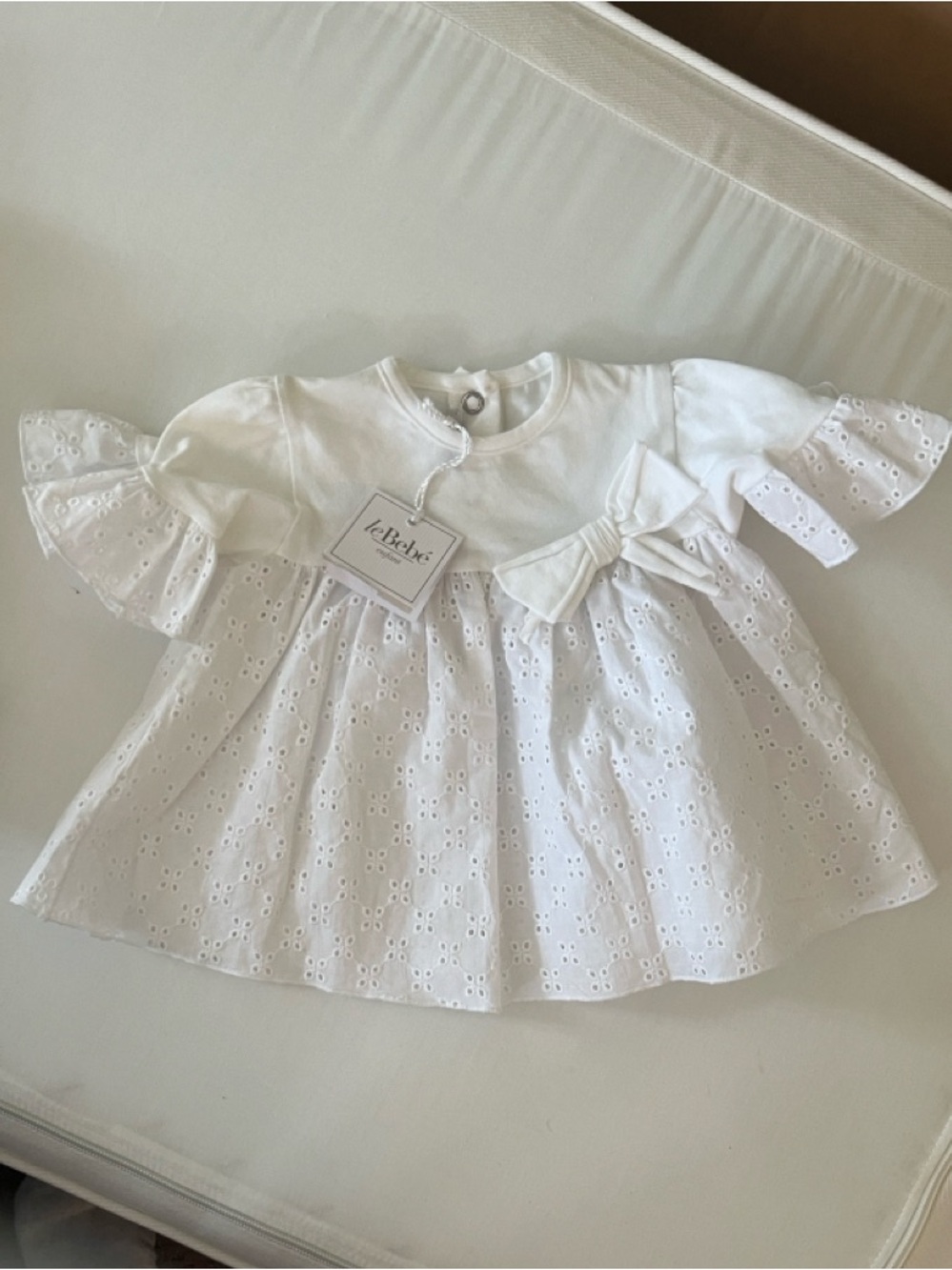 leBebé Enfant White Eyelet Baby Dress with Bow Detail